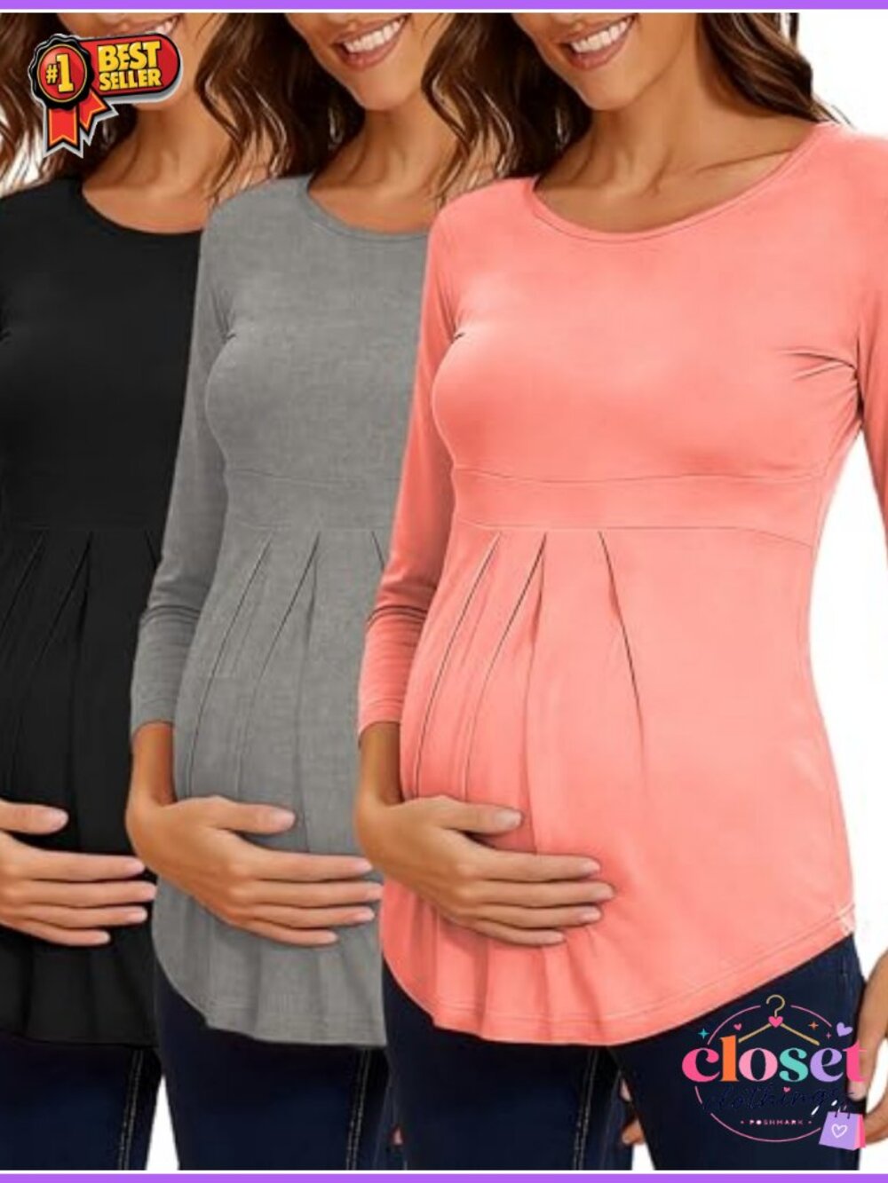Maternity Shirts 3-Pack 3/4 Sleeve Empire Waist Pleated Front Tops